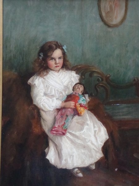 Antique Portrait of a Child with her Doll.  Robert Easton-Stuart  (scottish Exb. 1890-1940)