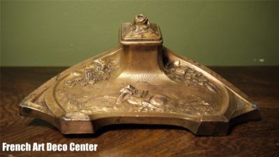 French Art Nouveau Spelter Inkwell signed DERRIEY c1900