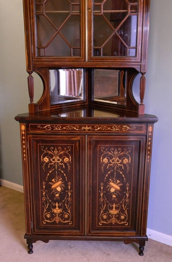 Antique Antique edwardian rosewood inlaid corner display cabinet