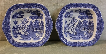 Pair Antique Blue White Willow Pattern  Serving Dishes