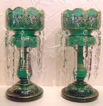 Pair of Victorian Green Double Row Lustres
