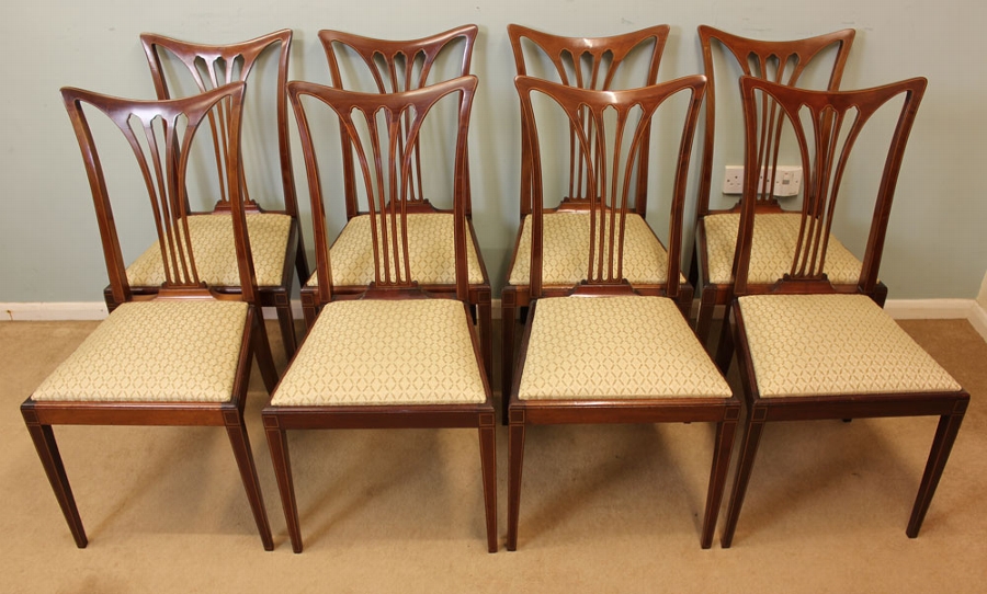 Set Eight Edwardian Mahogany Inlaid dining Chairs