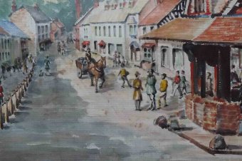 Antique Painting by well known Solihull artist W J Bussey of Dunster town centre 