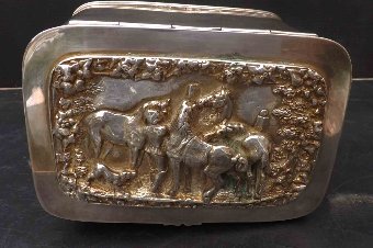 Antique Tea Caddy circa 1800 silver plate with horse & jokey's scenes in relief 