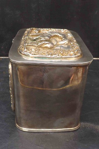 Antique Tea Caddy circa 1800 silver plate with horse & jokey's scenes in relief 