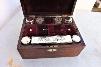 Antique Victorian ROSEWOOD & Mother of Pearl Vanity Travel Companion Box with contents 