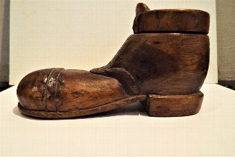 Antique Pair of Vintage wooden boots desk top inkwells 