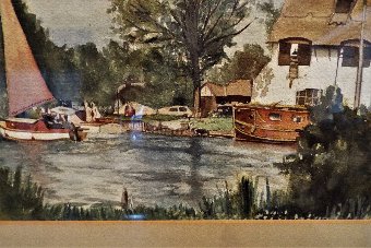Antique WATERCOLOUR PAINTING OF A DAY ON THE RIVER NOT SIGNED 