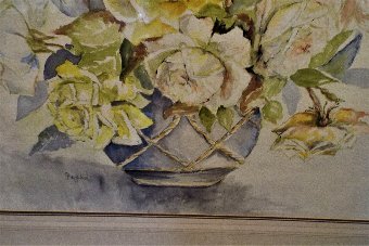 Antique WATERCOLOUR PAINTING OF A STILL LIFE FLORAL SCENE SIGNED 