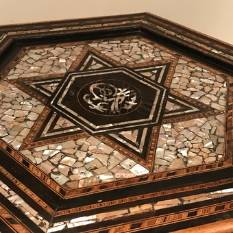 Antique Islamic occasional table inlaid in exotic woods and mother of Pearl