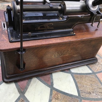 Antique Edison phonograph with huge witches hat horn