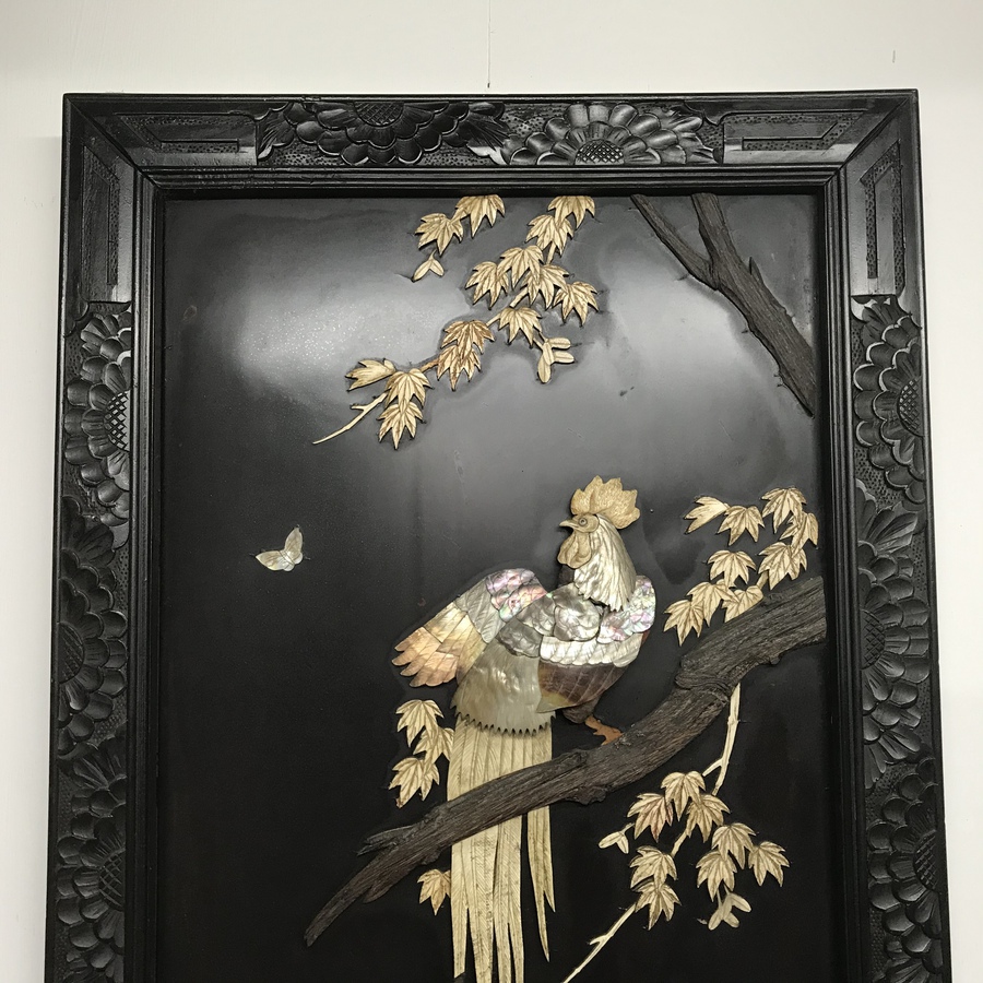 Antique Chinese wall  carved framed bird of the Forest on a branch