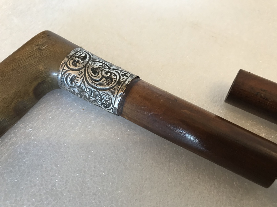 Antique Rhino horned handle gentleman’s walking stick sword stick with silver collar 