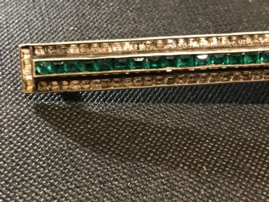 Antique Art Deco diamonds and emeralds silver brooch 