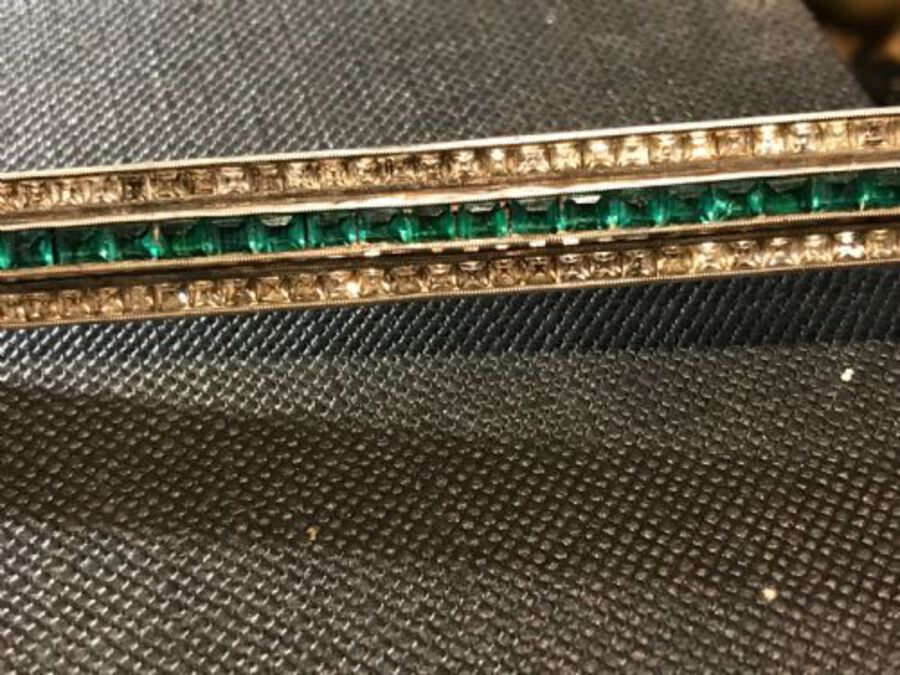 Antique Art Deco diamonds and emeralds silver brooch 