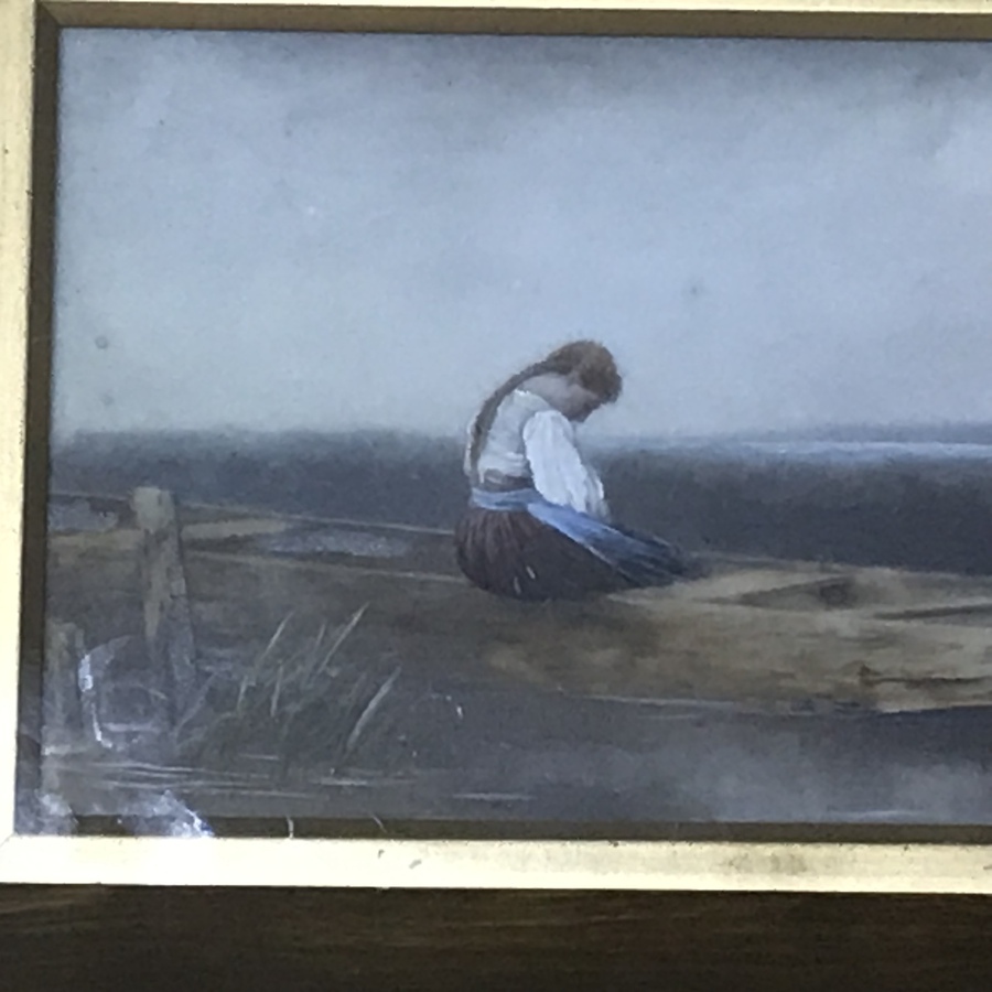 Antique Framed picture of girl on her boat stunning 