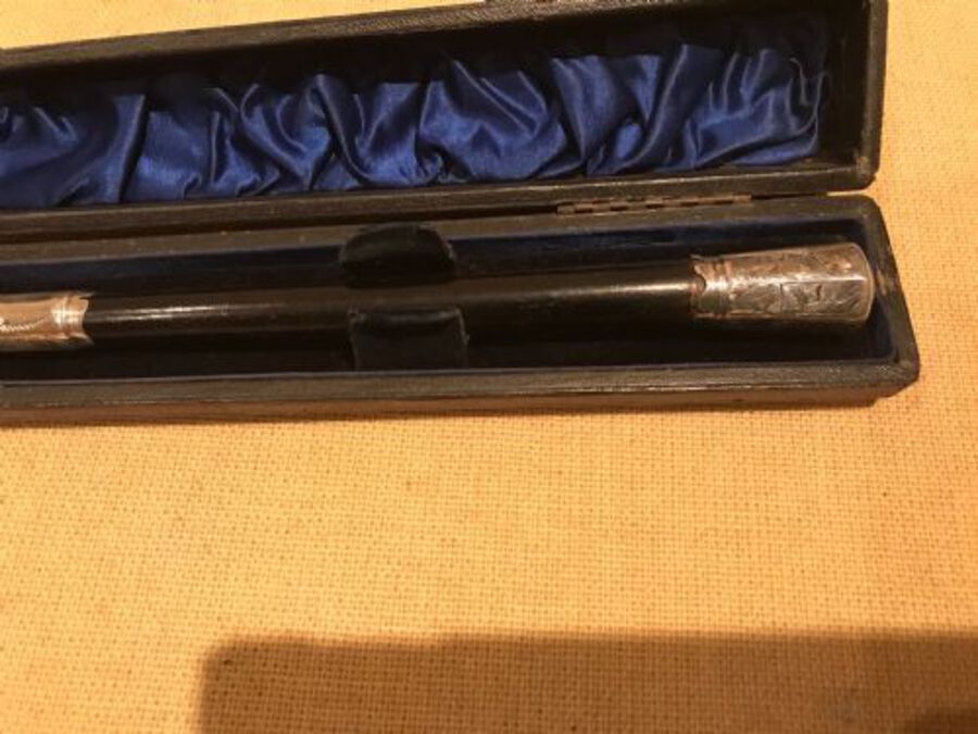 Antique Conductor's silver mounts and cased Baton 