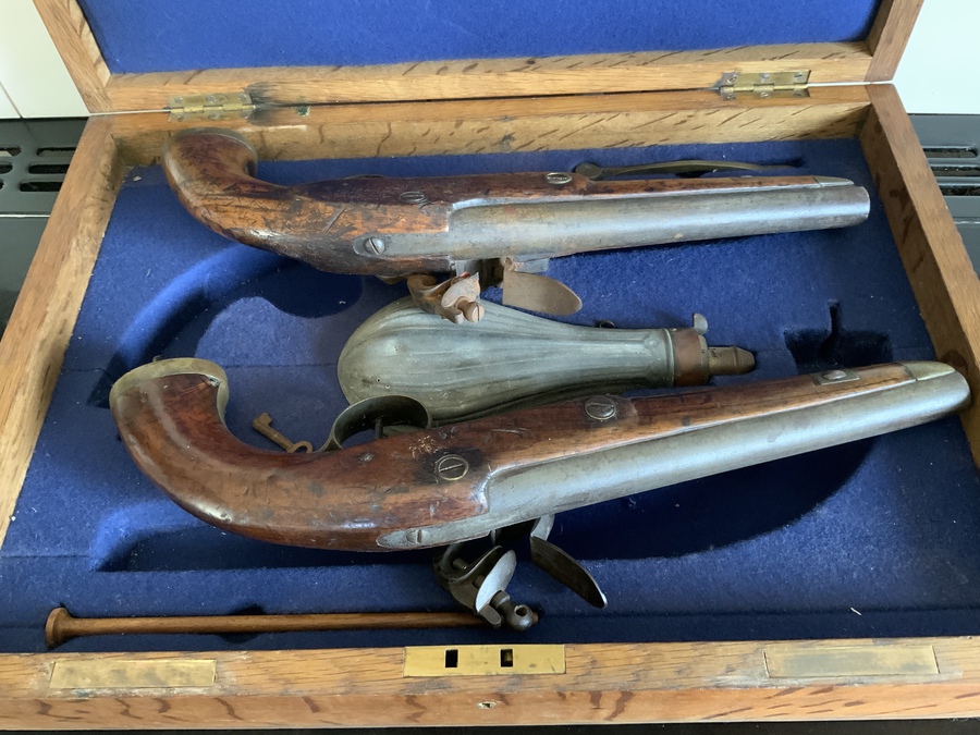 Antique Flintlocks Pair of boxed Naval  pistols 
