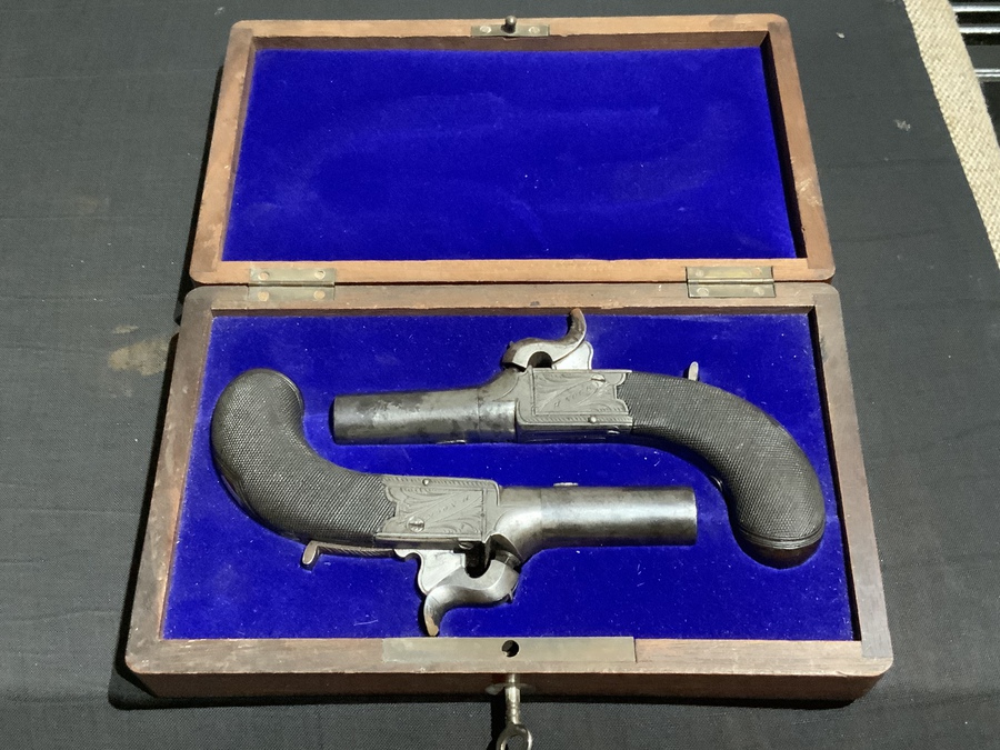 H Nock of London matched pair Boxed pistols.