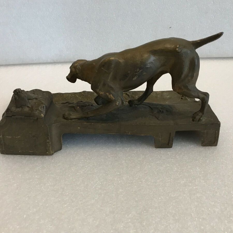 Antique Victorian Hunting dog pen and inkwell desk tops organiser