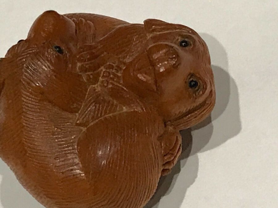 Antique Netsuke wonderfully carved pair of playful puppies
