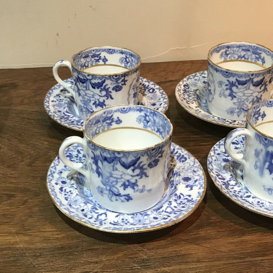 Antique Set of four Worcester blue & white coffee cups with saucers