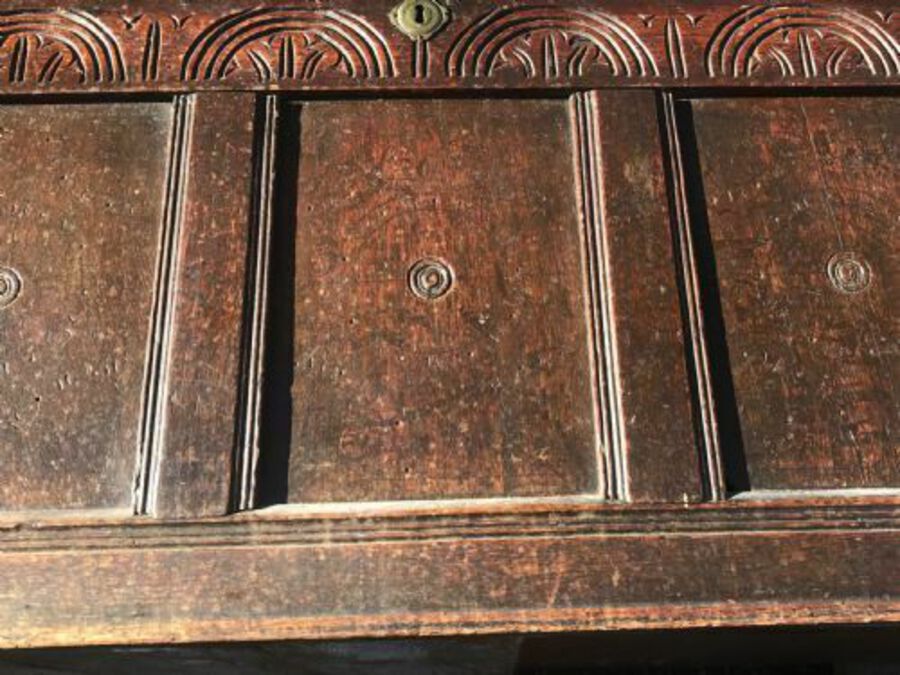 Antique 17th Century Oak Triple Panel Coffer.