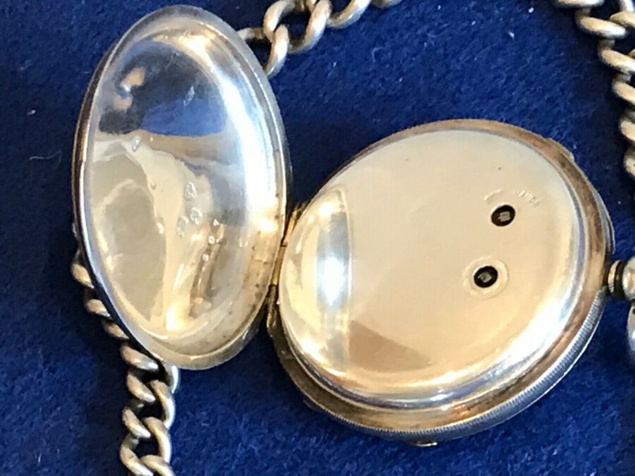 Antique Silver cased chronograph key wind pocket watch + chain