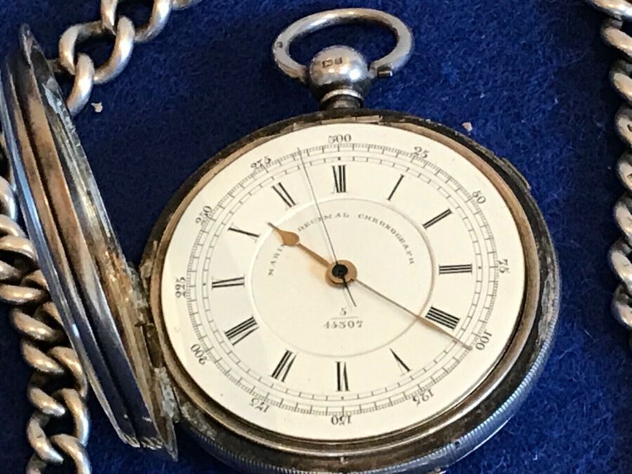 Antique Silver cased chronograph key wind pocket watch + chain