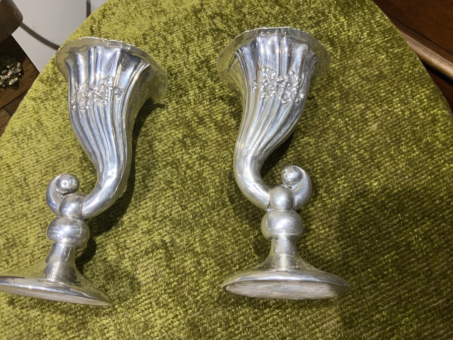 Antique Solid silver Chester Hallmark for 1908 pair of matching Vases