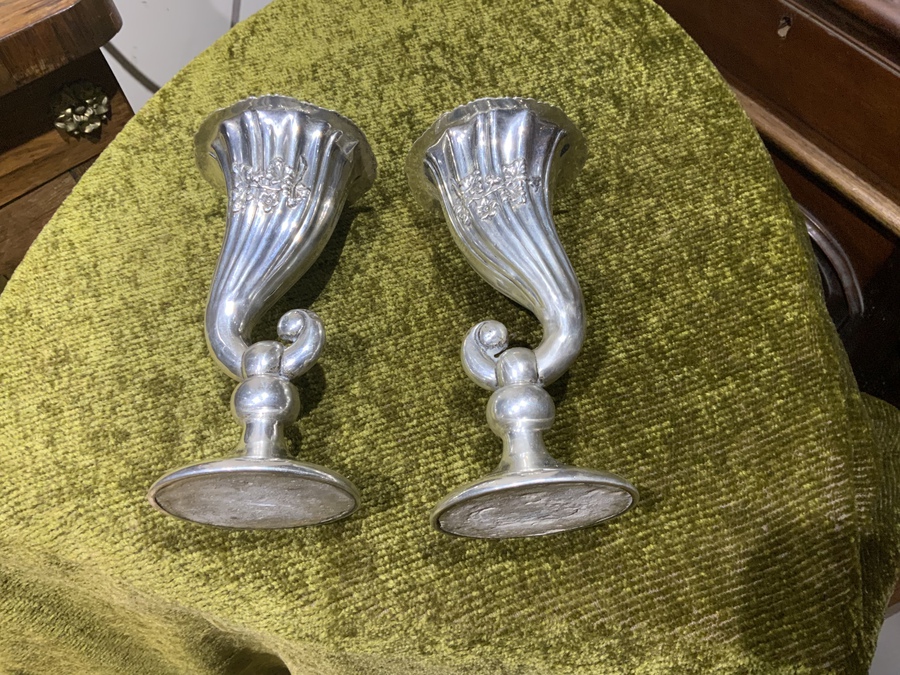 Antique Solid silver Chester Hallmark for 1908 pair of matching Vases