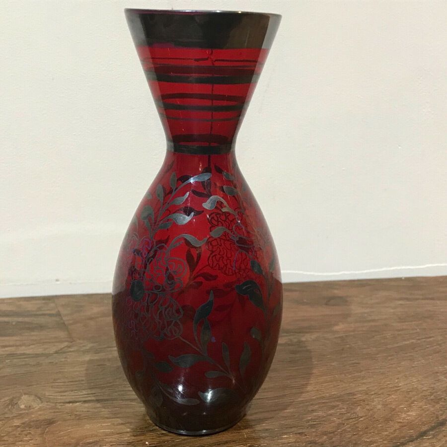 Antique Art cranberry red silver chased vase