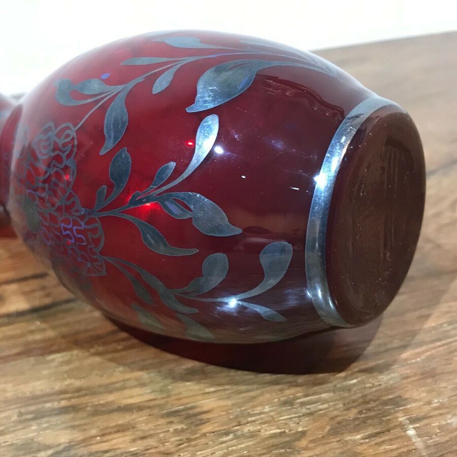 Antique Art cranberry red silver chased vase