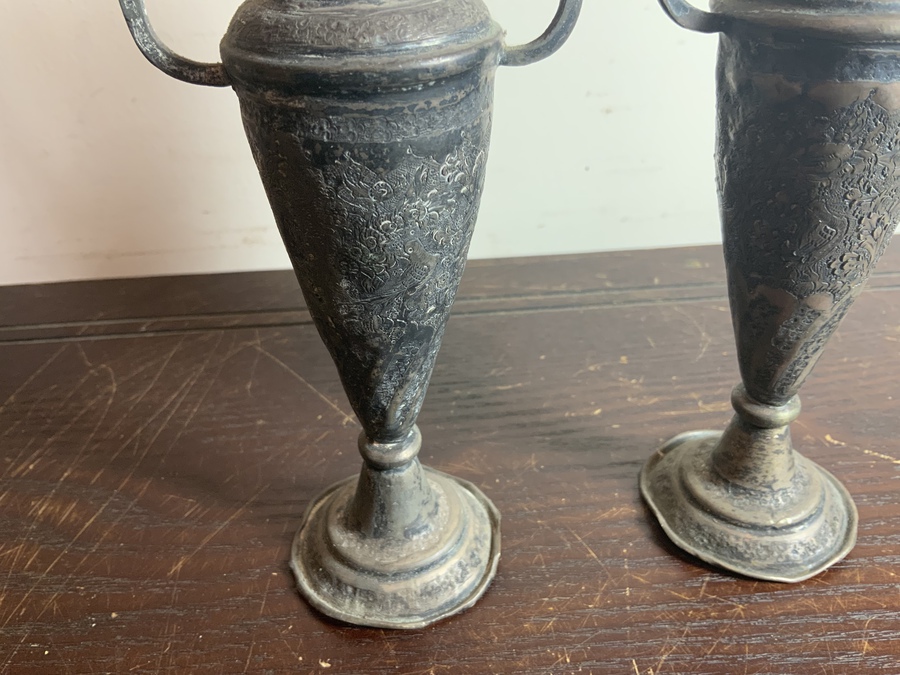 Antique Persian Silver Pair of ornate Vases