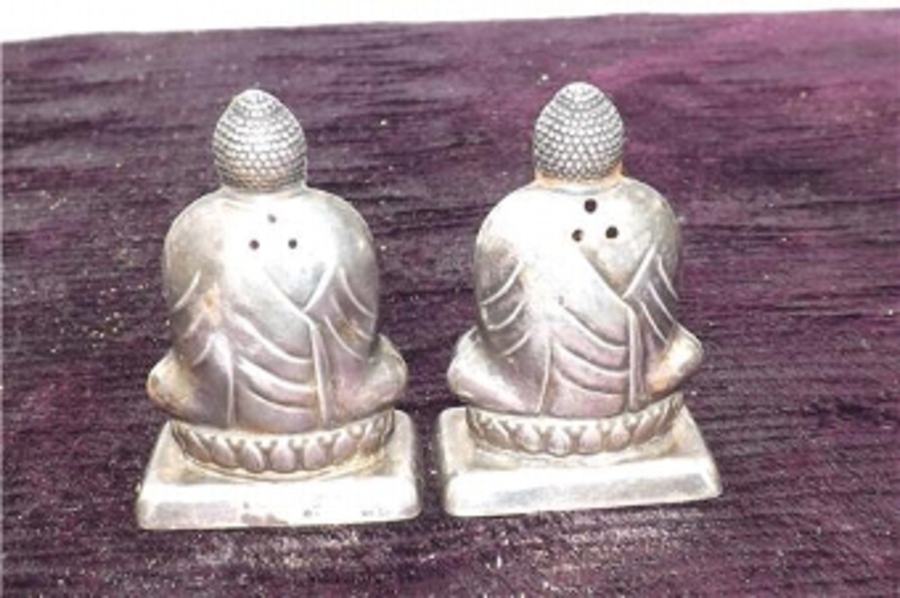 Antique Buddha's Silver Salt & Pepper pots rare items of quality . SB
