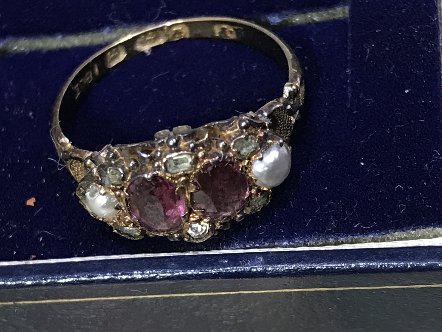 Antique Rubies Diamonds & Pearls 18CT GOLD RING 