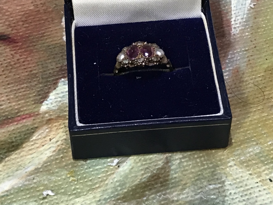 Antique Rubies Diamonds & Pearls 18CT GOLD RING 