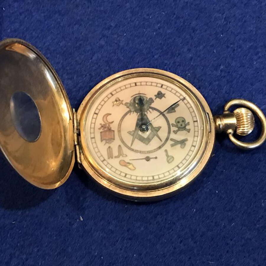 Antique Masonic half hunter gold plated pocket watch and chain
