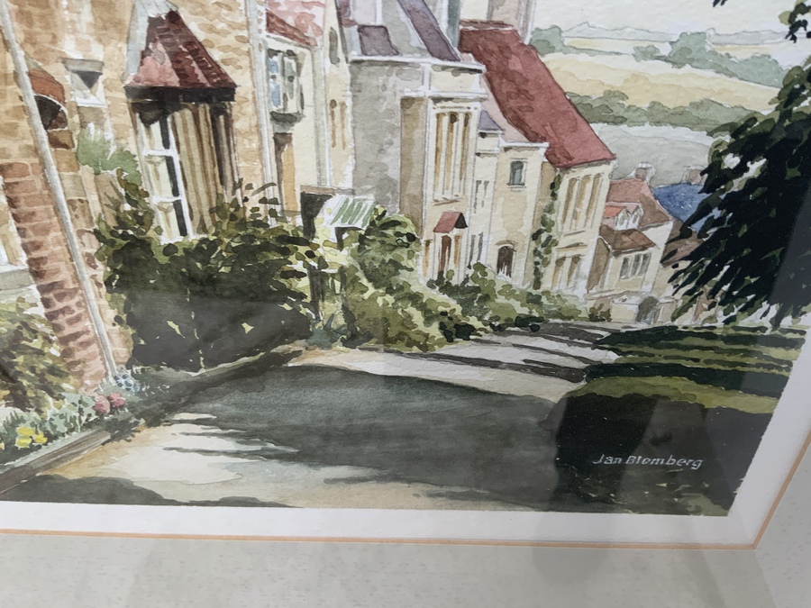 Antique Jan Bloomberg ‘ The Sunny side at Burford Cotswold’ watercolour Framed painting