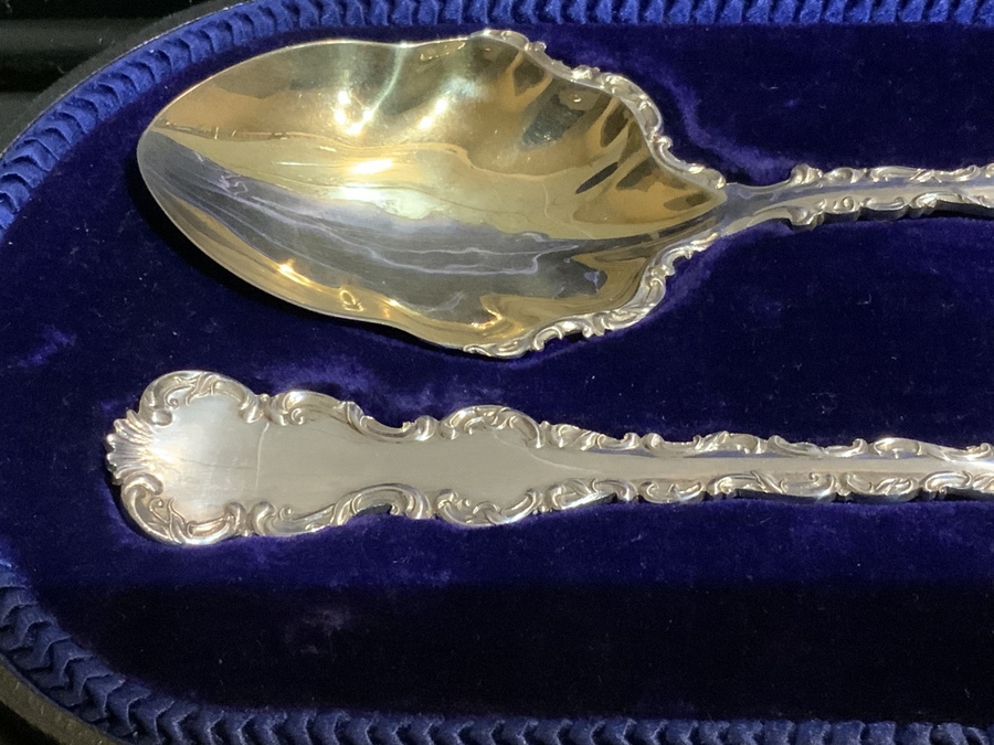 Antique Silver & Gilt Pair of Serving Spoons in their original Case