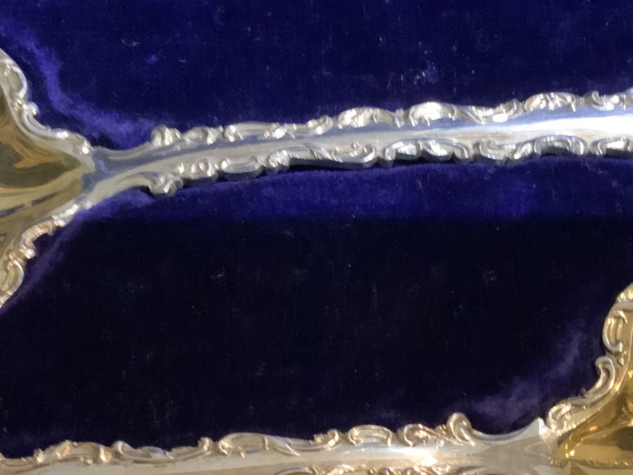 Antique Silver & Gilt Pair of Serving Spoons in their original Case