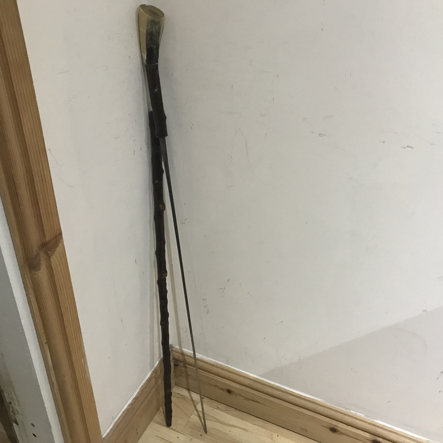 Antique Irish Blackthorn walking stick sword stick Horned handle