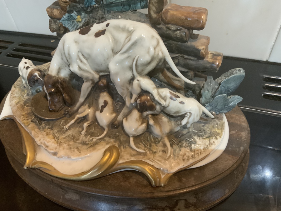 Antique Capodimonte “ Hunting Dog with pups “ quality