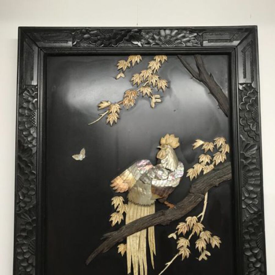 Antique Chinese 3 D effect wall  carved framed bird of the Forest on a branch