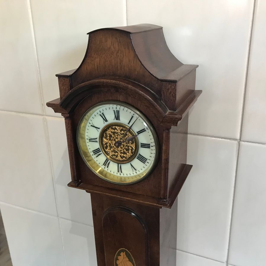 Antique Grandfather Clock, miniature mahogany with shell inlay