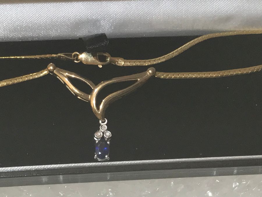 Antique Diamonds & Sapphire 9KT Solid Gold Necklace  