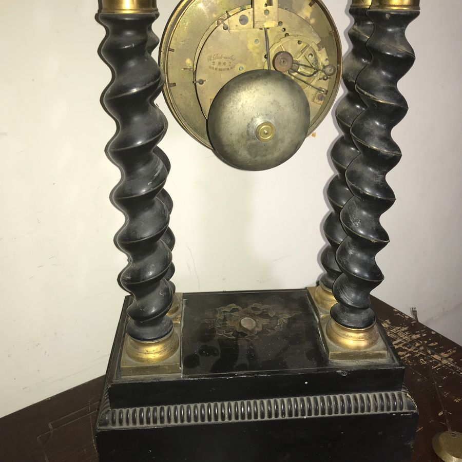 Antique Portico Clock ebony with brass inlays needing restoration 