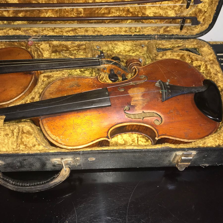 Antique French Violins 4/4 cased with 4 bows.