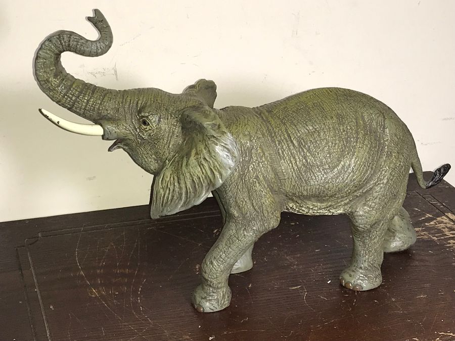Antique Cold Painted Bronze Elephant Raised Trunk by Bergman