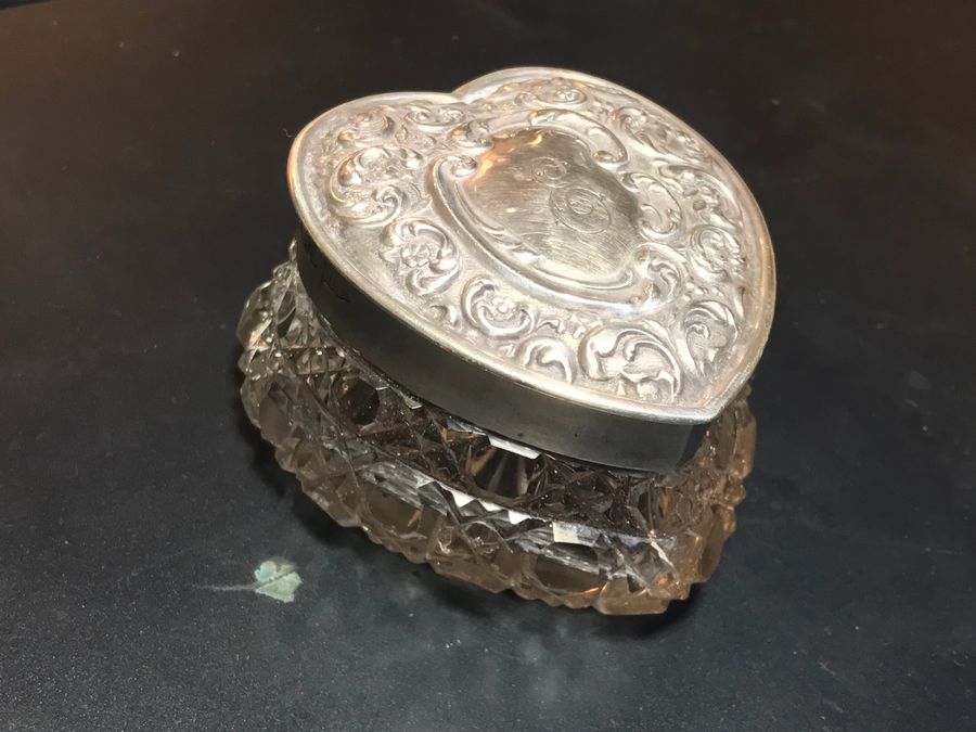Antique Heart Shaped cut glass silver top ladies trinket container 